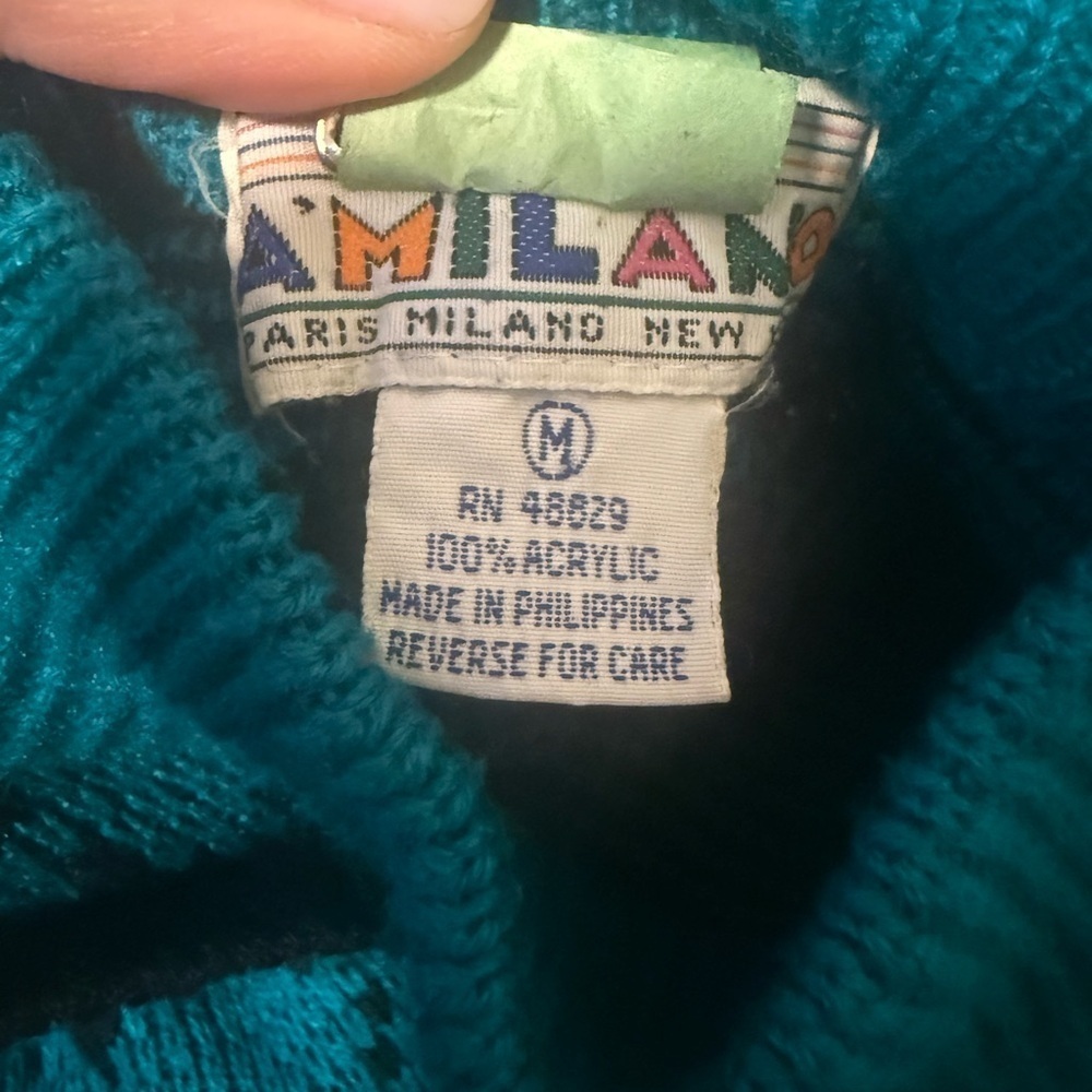 Milano Vintage Knit Sweater Dress Teal Black Asymmetrical Button M 80s 90s - Picture 3 of 6
